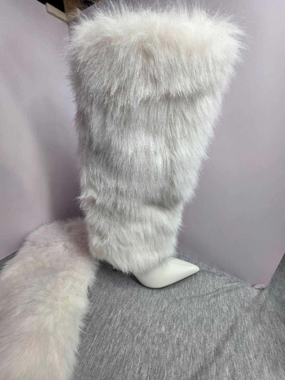Womens White Faux Fur Knee High Stiletto Boots Size 7 NWT, Newbella - Picture 5 of 7